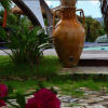 Grande anfora, fiori e piscina sullo sfondo.