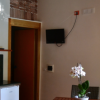 Cucina con TV e pianta su tavolo.
