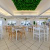 Interno di un ristorante luminoso con sedie e tavoli in legno chiaro, soffitto con verde sospeso.
