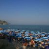 Una spiaggia affollata con molti ombrelloni blu e bianchi, sullo sfondo del mare.